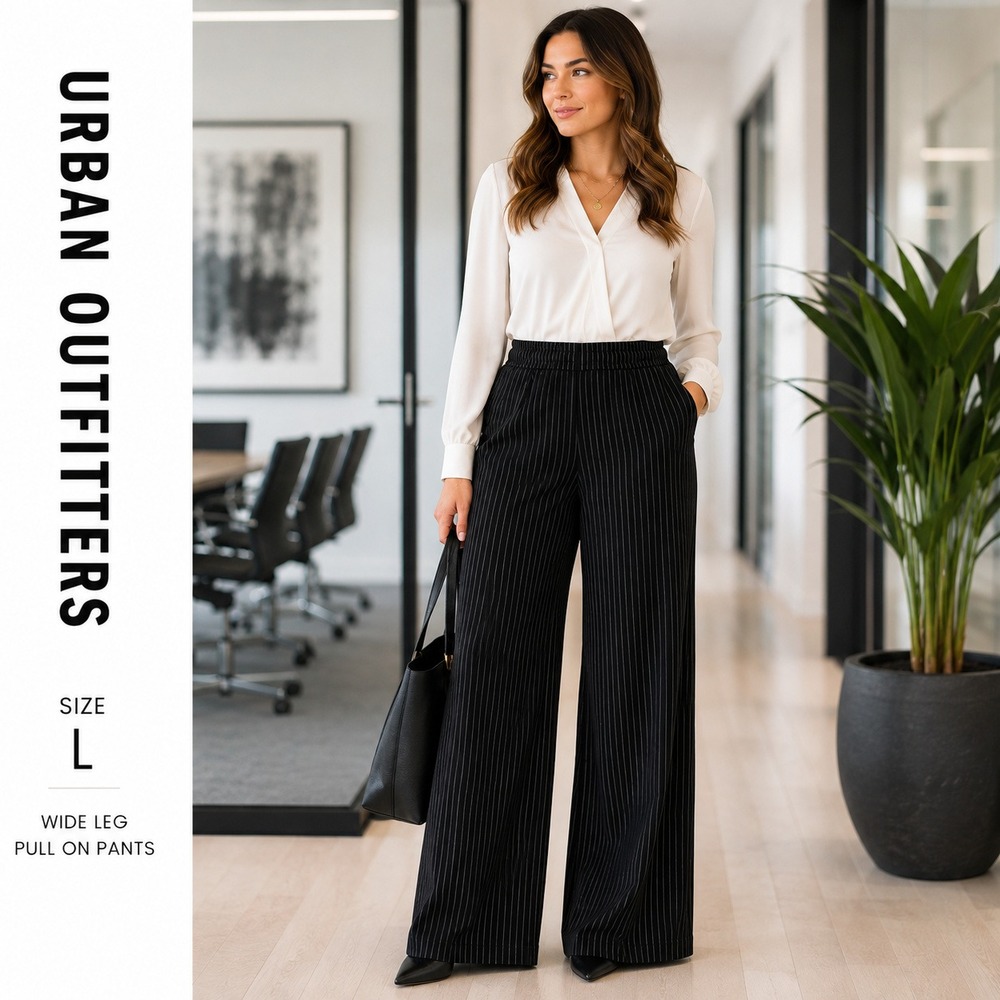 Urban Outfitters Pinstripe Pants Women L Black Wide Leg Elastic Waist Trousers